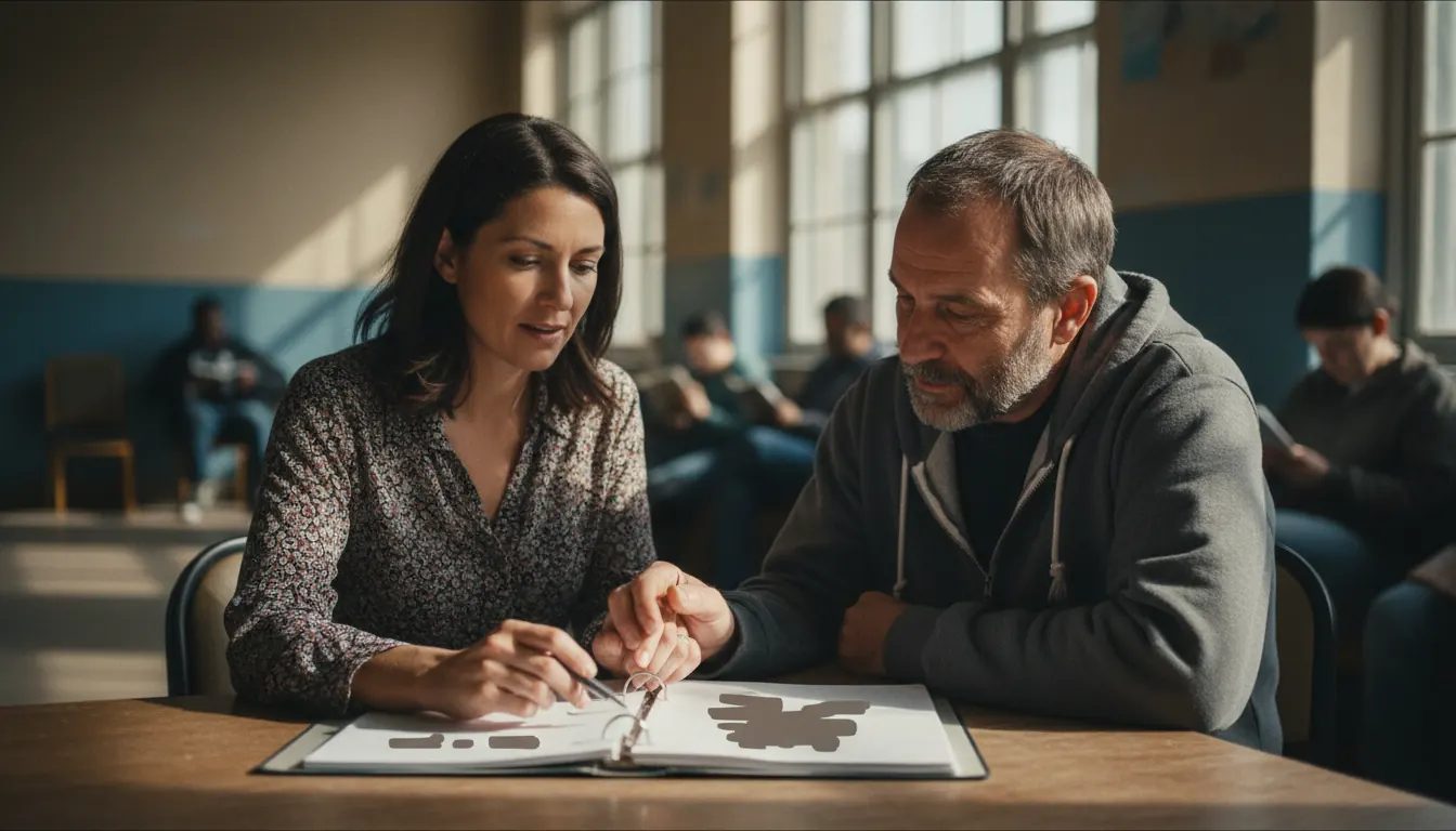 Case manager discussing housing options with homeless shelter client