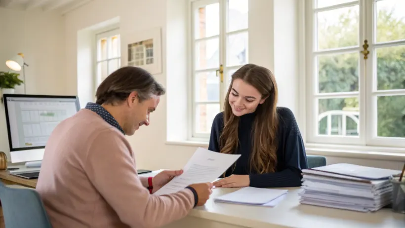 A case manager sitting across a desk from a young woman, reviewing documents together in a transitional housing office