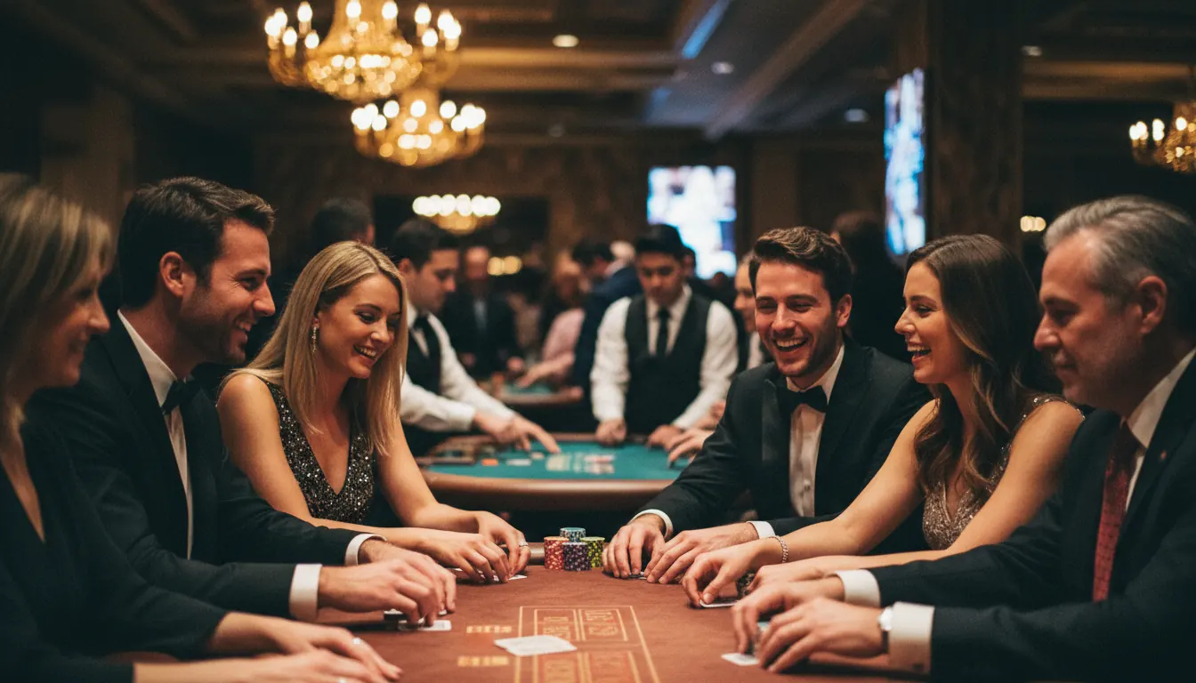 People playing poker and blackjack at charity casino night fundraising event