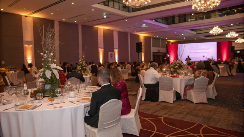 Guests seated at decorated round tables during a charity fundraising gala, with centrepieces and warm lighting in a large event hall