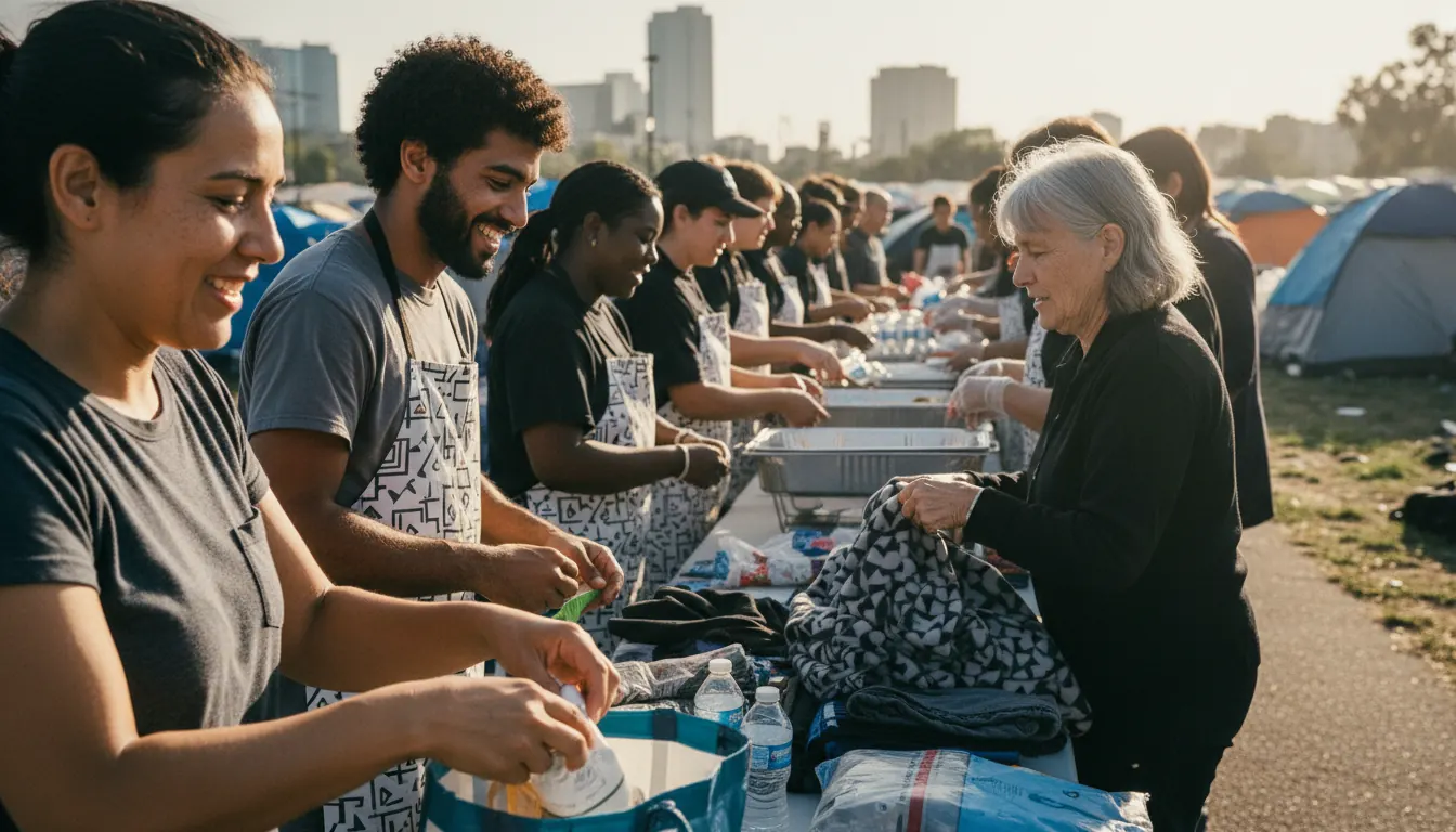 Community members volunteering together and socializing at homeless assistance organization event