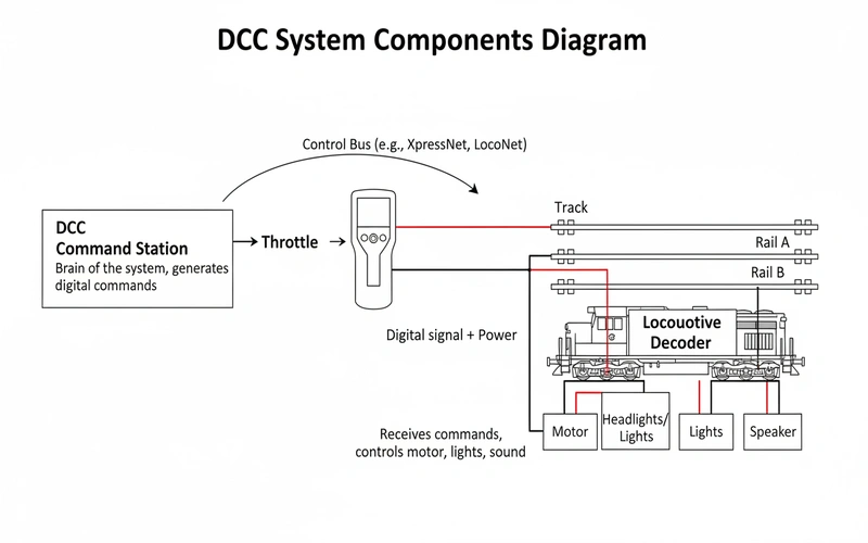 Diagram showing DCC command station, throttle, track, and locomotive decoder connections