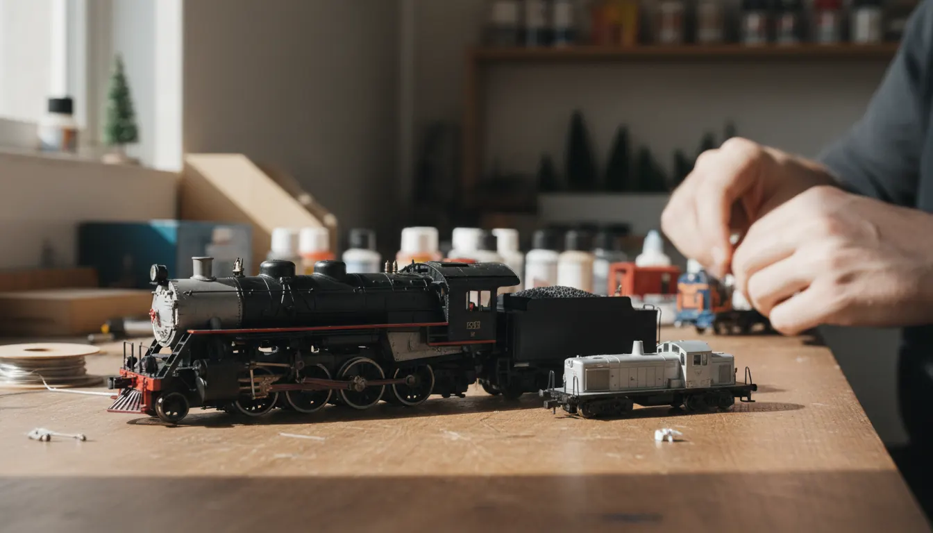 Two model locomotives placed side by side on a table showing the size difference between HO scale and N scale model trains