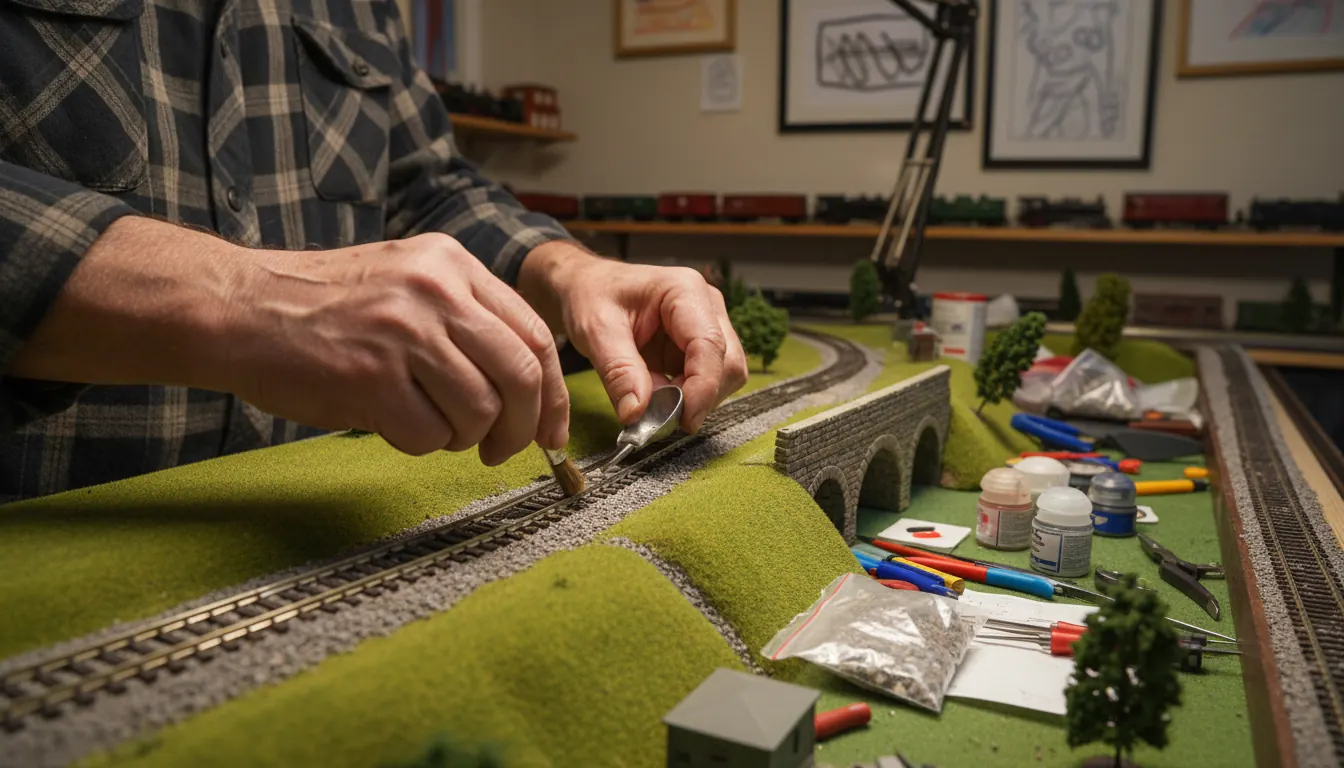 Hands of model railroader working on building miniature scenery and track layout at workbench