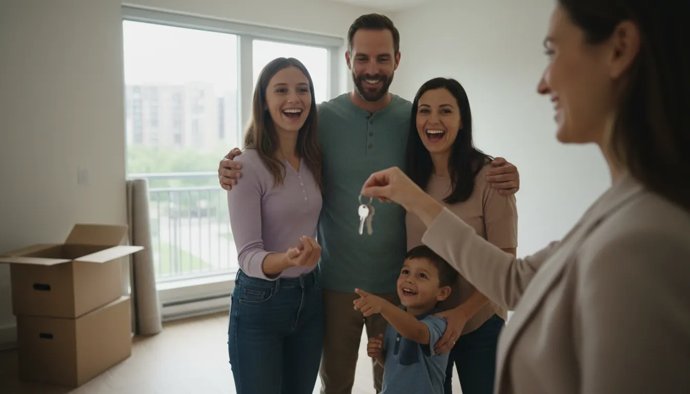 Happy family receiving keys to new apartment from case manager