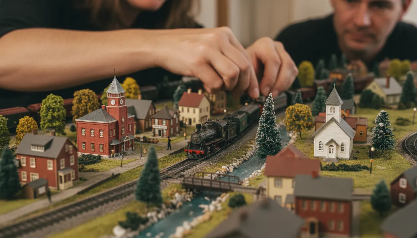 Close-up of a detailed N scale model railroad layout featuring miniature buildings, trees, and a locomotive on the track