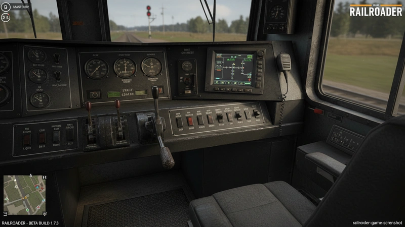 Railroader train simulation game screenshot showing realistic locomotive cab controls