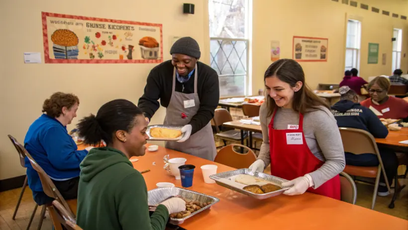 Smiling volunteers serving hot meals to guests in a homeless shelter dining hall
