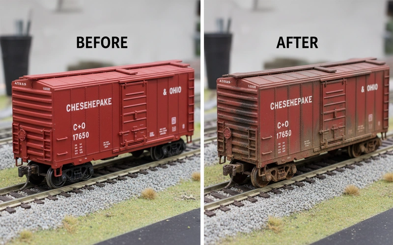 Side by side comparison of pristine and professionally weathered model freight car