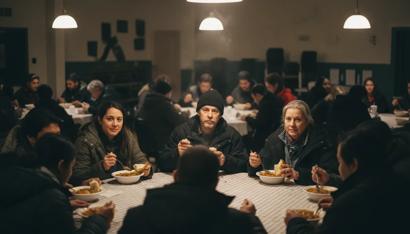 Diverse group of emergency winter shelter guests sharing warm meal together in dining area