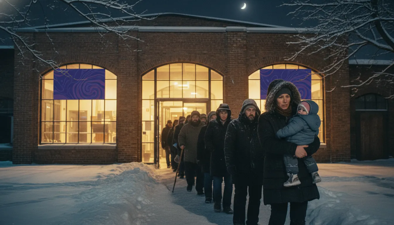 Emergency winter shelter entrance with warm lighting during cold night